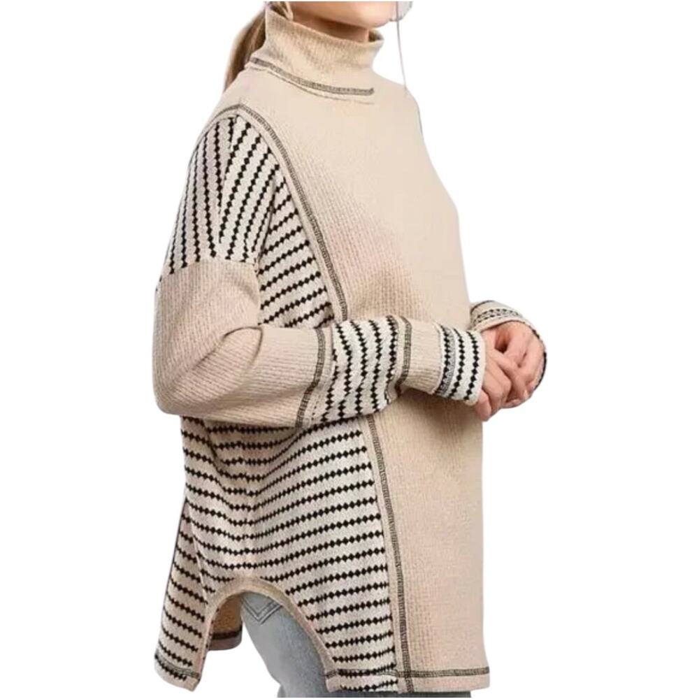 Miss Me Pieced Waffle Knit Thermal Top Mock Neck Oversized Striped Beige Black L